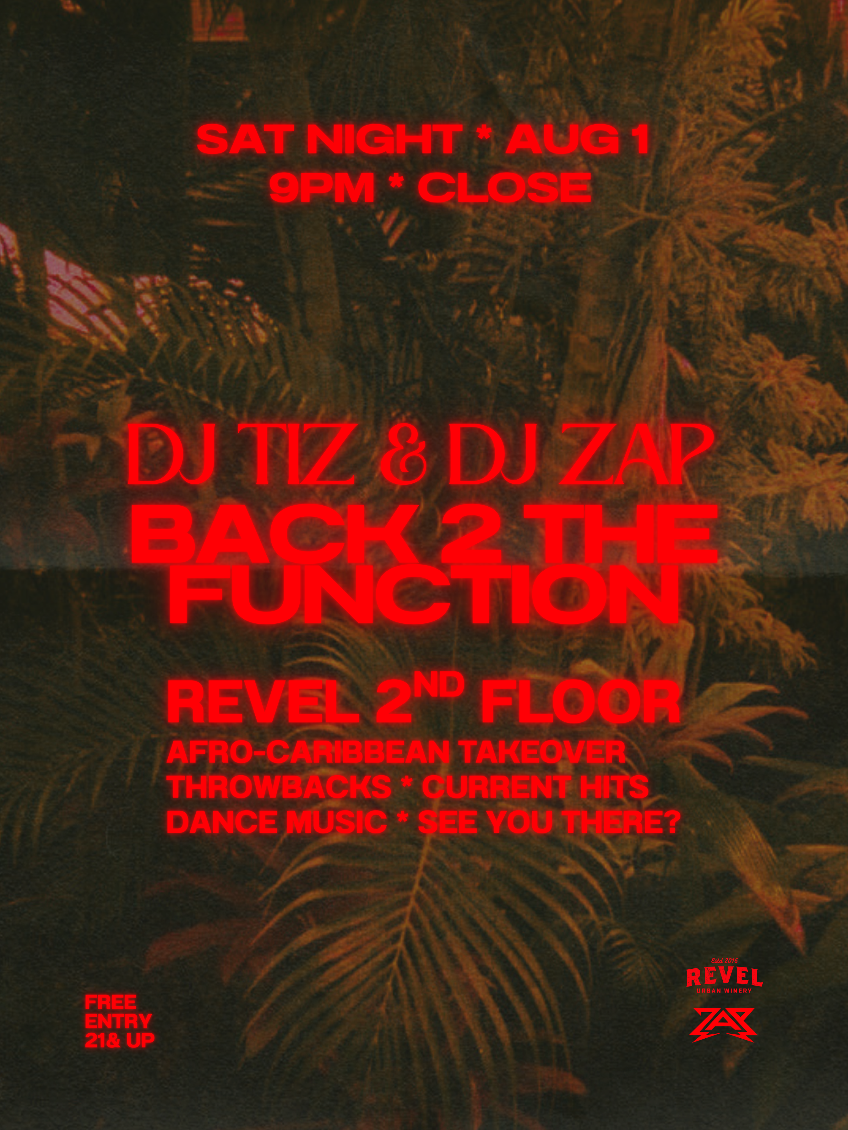 Back 2 The Function flyer — DJ Tiz and DJ Zap Afro-Caribbean takeover Saturdays at Revel OTR