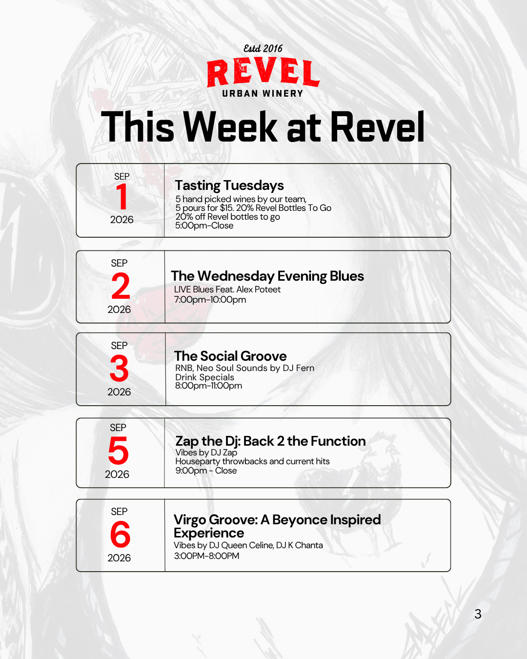 This Week at Revel — September lineup: Tasting Tuesdays, Wednesday Evening Blues, The Social Groove, Back 2 The Function, and Virgos Groove
