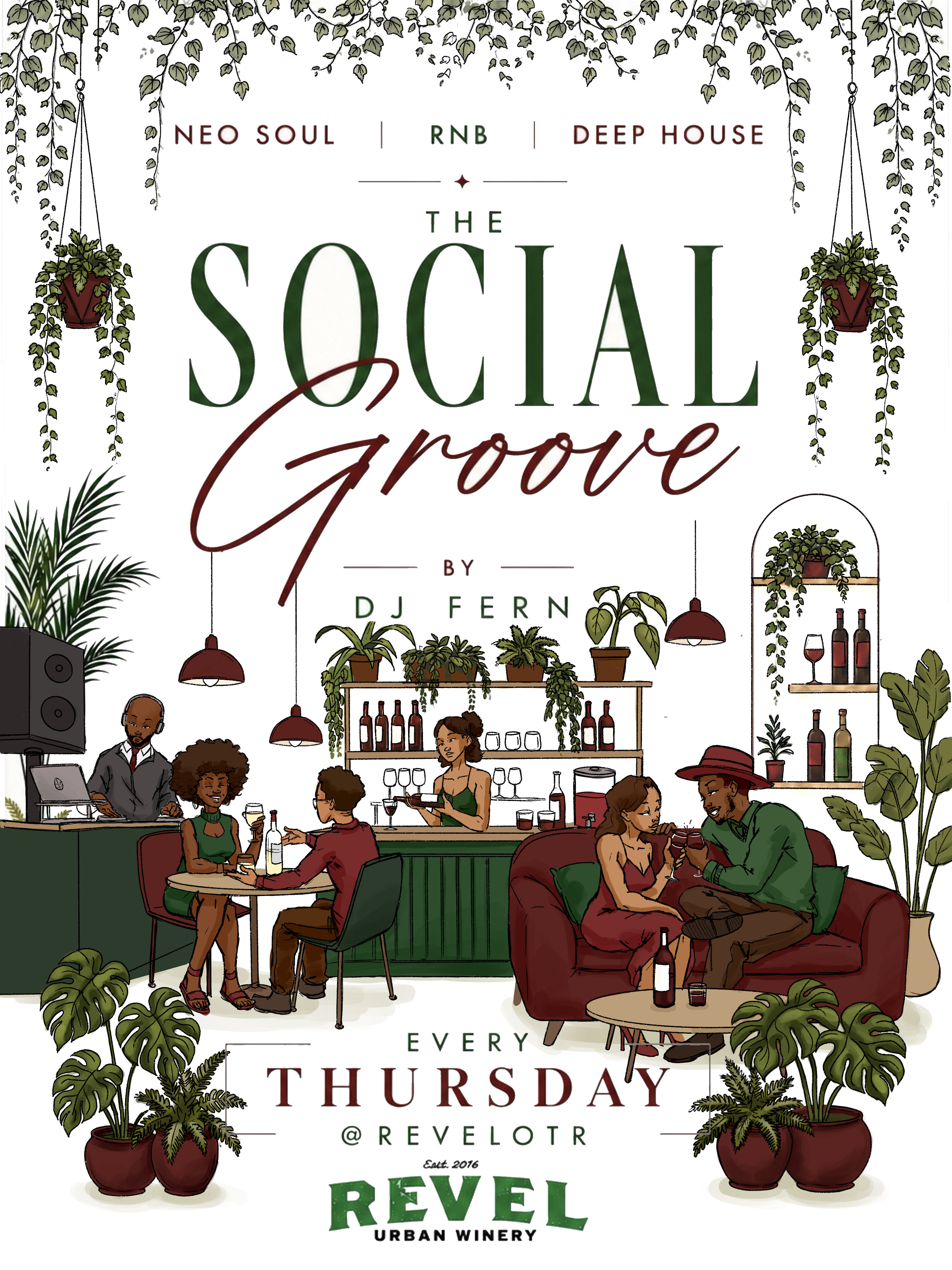 The Social Groove flyer — DJ Fern live Thursdays at Revel OTR, Neo Soul, RnB and Deep House